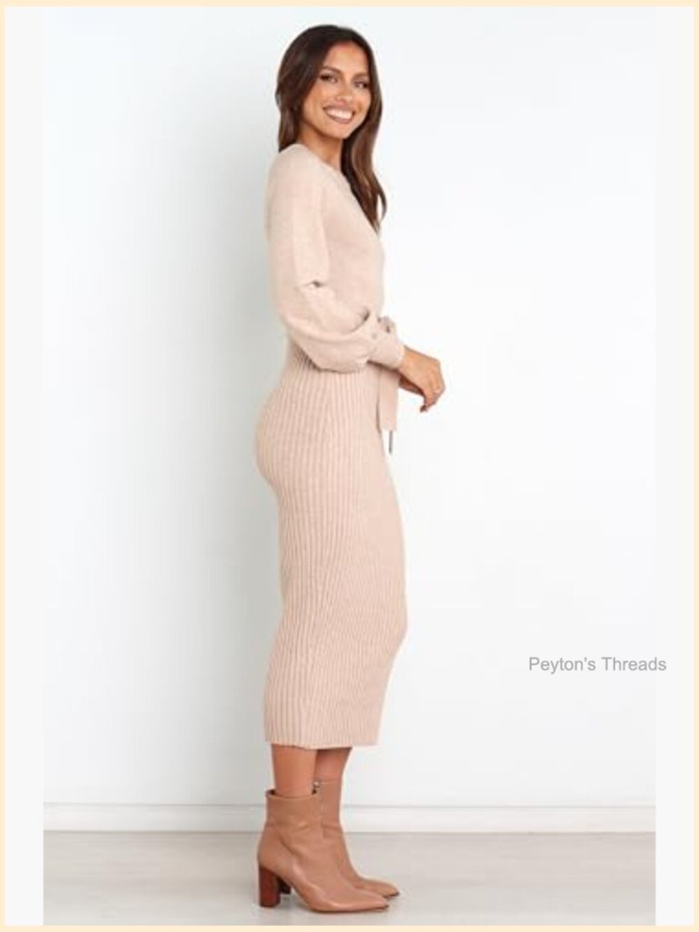 Bodycon Midi Dress with High Neck and Long Sleeves - Picture 3 of 4